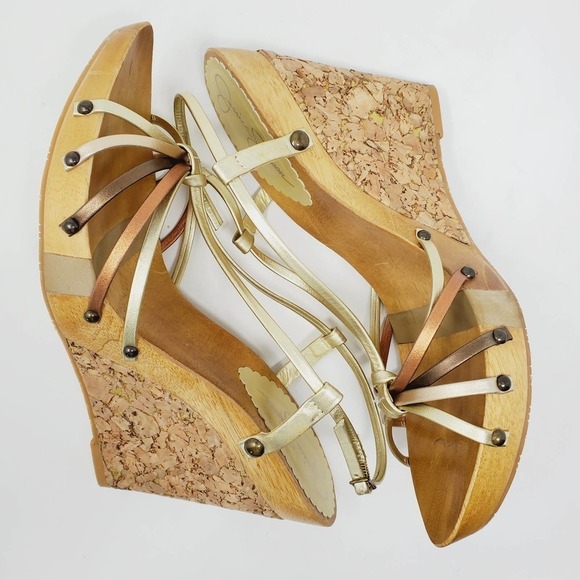 Jessica Simpson Cork  Foil Leather Straps Wooden Retro Wedges Sz 9B - Picture 4 of 10